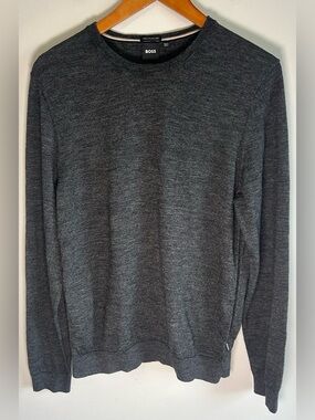 BOSS Hugo Boss Mens Sweater Crewneck Sz L Gray Virgin Wool Italian Yarn Pullover